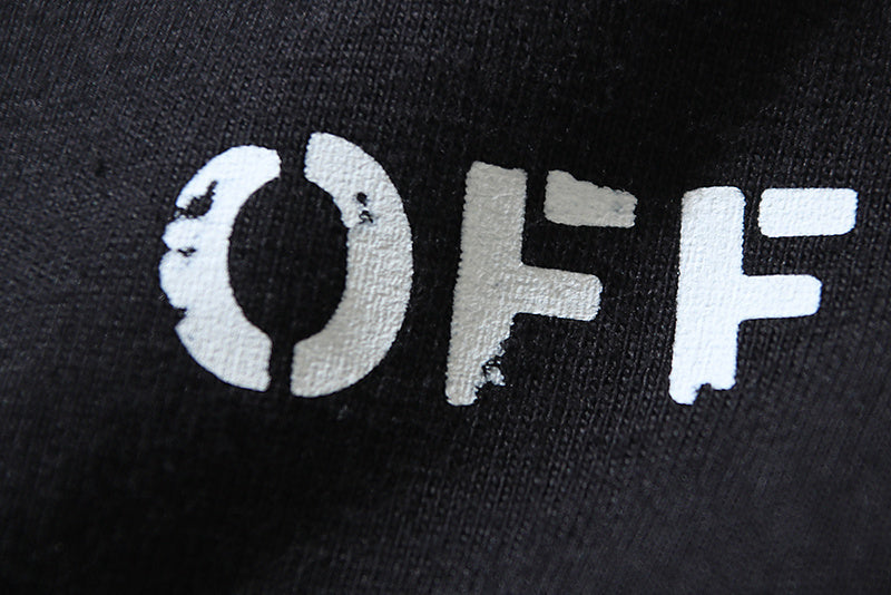 Black T-shirt with large white OFF lettering graphic