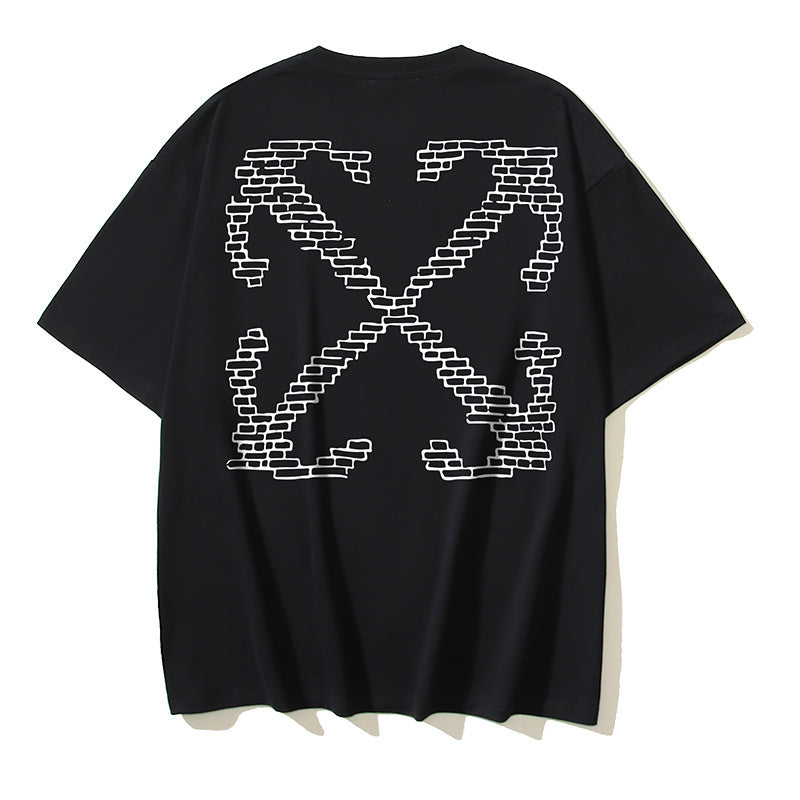 Black T-shirt with large geometric “X” logo print at center