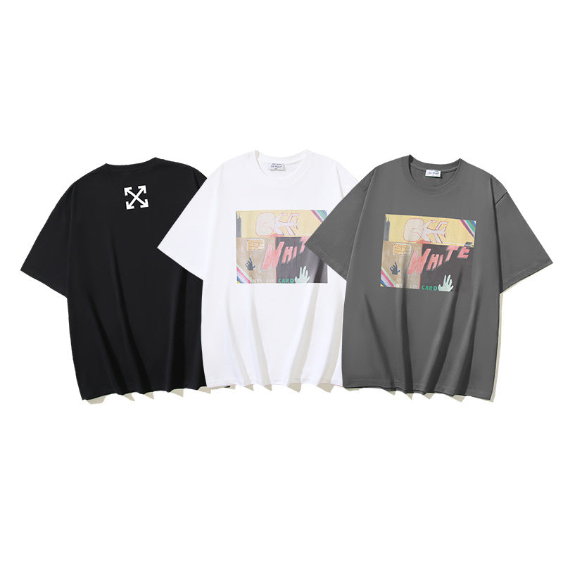 Off-White T-shirts set: black, white, and gray graphic crewneck