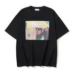 Black graphic T-shirt with rectangular front print and crew neck