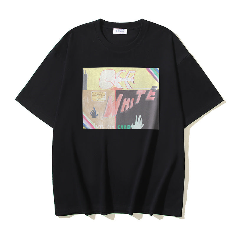 Black graphic T-shirt with rectangular front print and crew neck