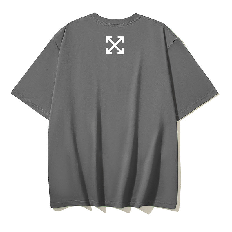 Grey T-shirt back with small white logo near upper back
