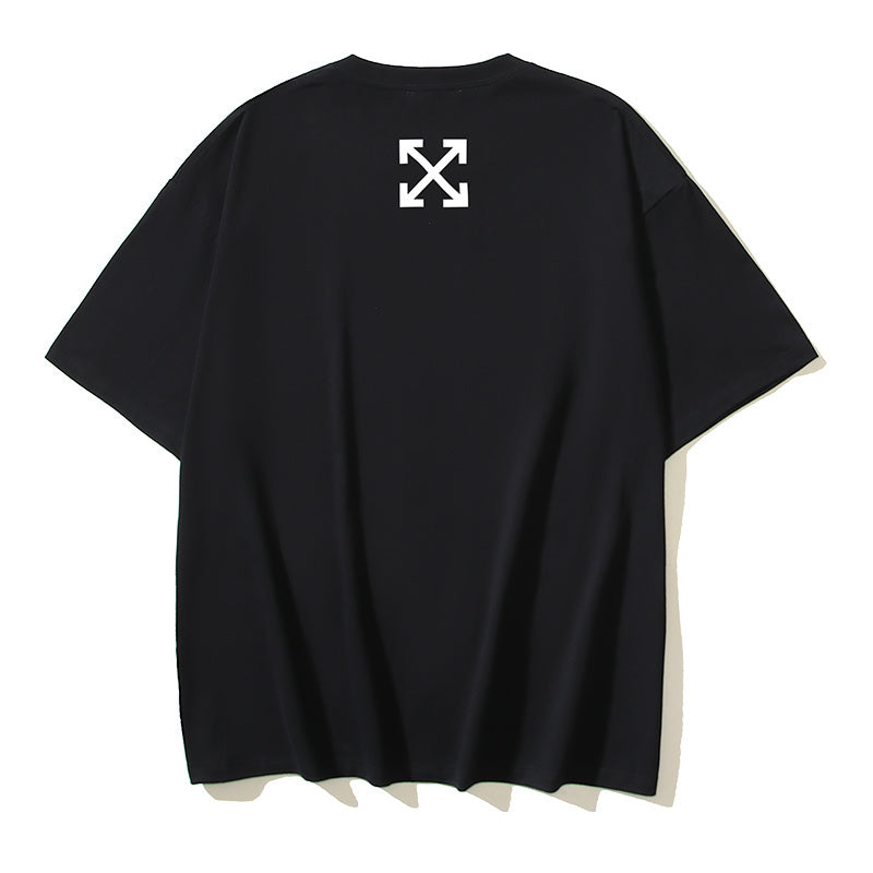 Black T-shirt back with small white logo near upper back