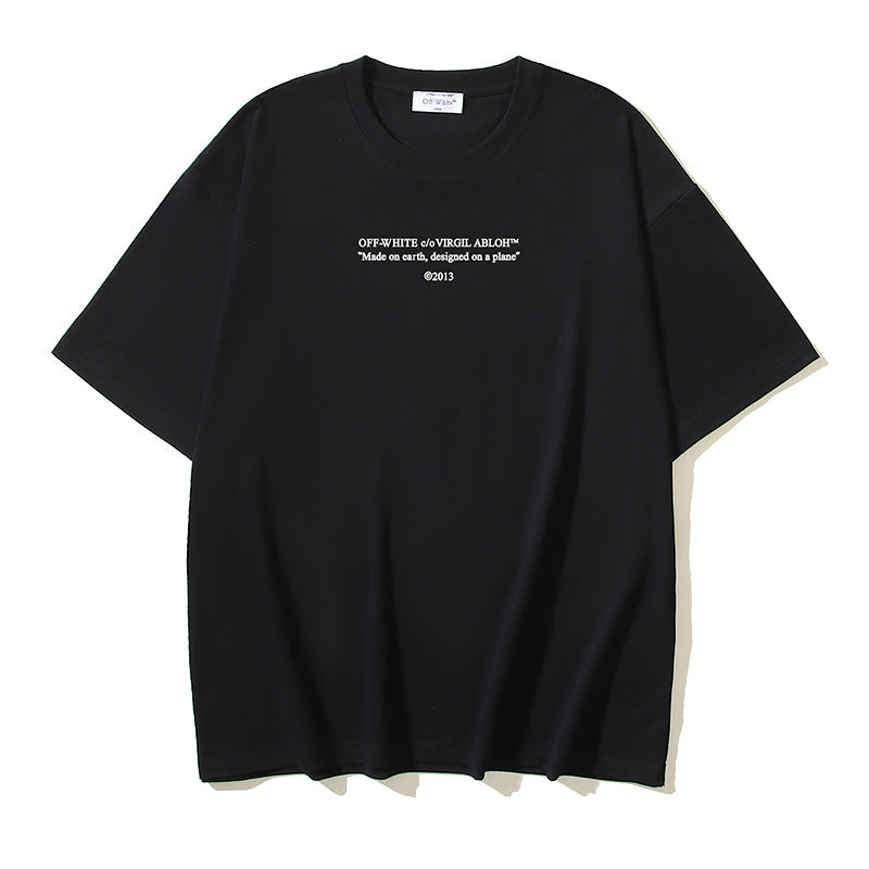 Off-White black crew-neck T-shirt with front graphic text, short sleeves
