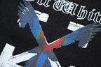 Black T-shirt with colorful bird wing graphic on the front
