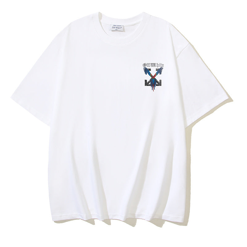 White T-shirt with small blue graphic logo on chest
