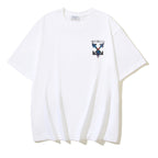 White T-shirt with small blue graphic logo on chest