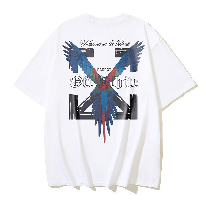 White T-shirt with large blue parrot graphic on back