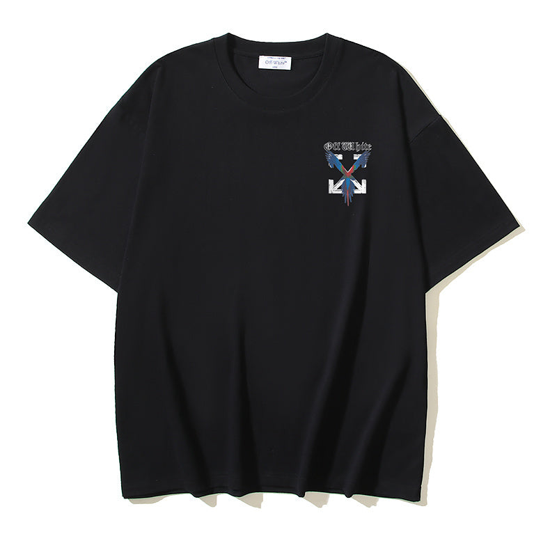 Black T-shirt with small blue graphic logo on chest