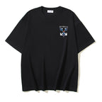 Black T-shirt with small blue graphic logo on chest