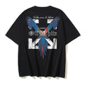 Black T-shirt with large blue parrot graphic on back