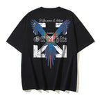 Black T-shirt with large blue parrot graphic on back