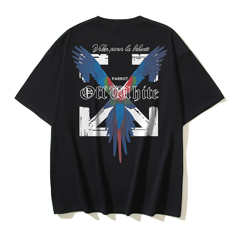 Black T-shirt with large blue parrot graphic on back