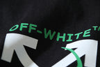 Black T-shirt with green “OFF-WHITE” text and white geometric star shapes
