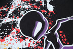 Black T-shirt front graphic with purple outline and red paint splatter