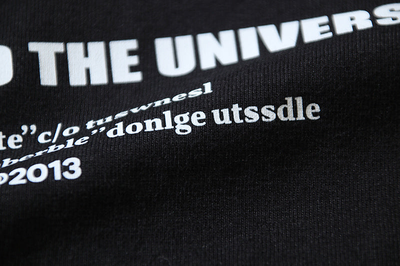 Black T-shirt sleeve print with partial text and graphic detail