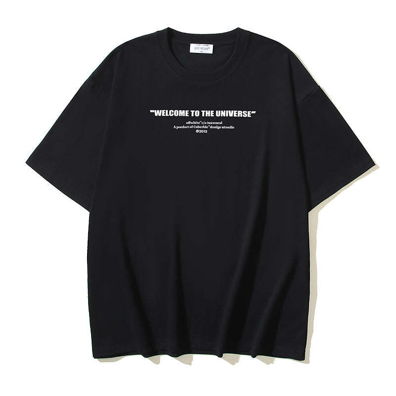 Black T-shirt with "WELCOME TO THE UNIVERSE" back text, crew neck