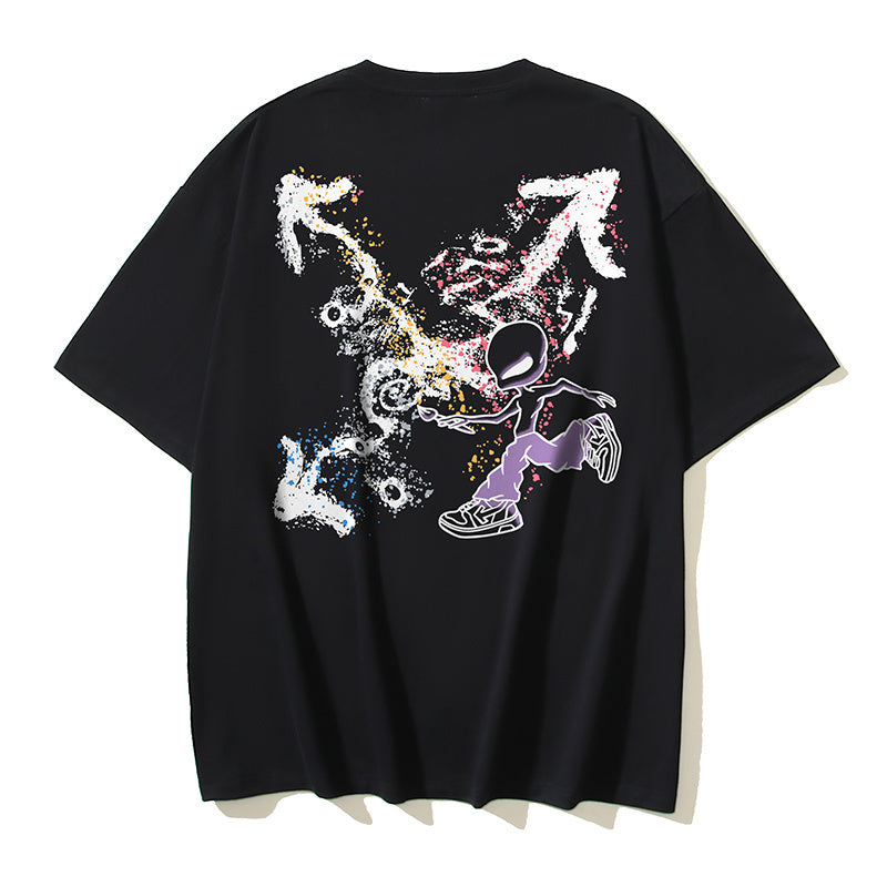 Black T-shirt with colorful splatter character graphic on front, crew neck