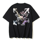 Black T-shirt with colorful splatter character graphic on front, crew neck