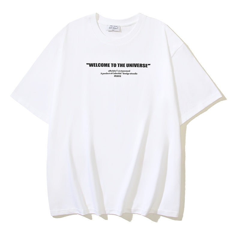 Off-white T-shirt with "WELCOME TO THE UNIVERSE" back text, crew neck