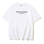 Off-white T-shirt with "WELCOME TO THE UNIVERSE" back text, crew neck