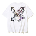 Off-white T-shirt with colorful graphic character print on front, crew neck