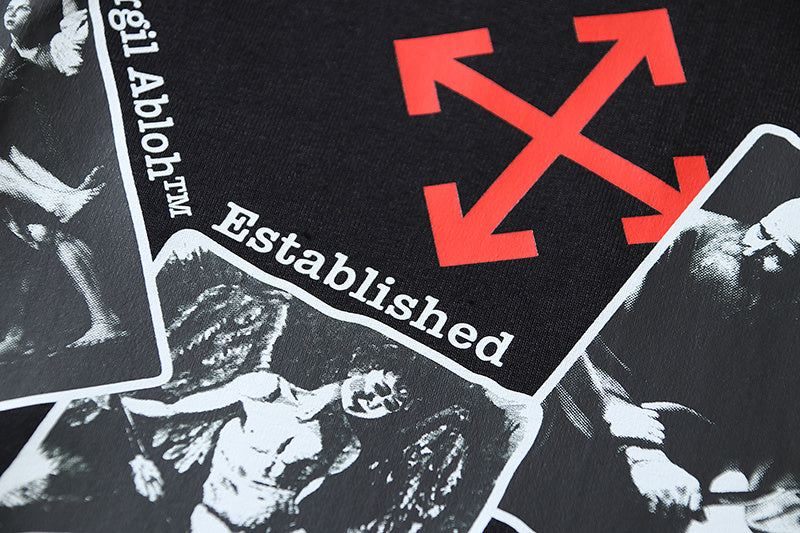 Off White black T-shirt front with red and white graphic lettering