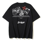 Black T-shirt with large back collage graphic and red symbol, crew neck