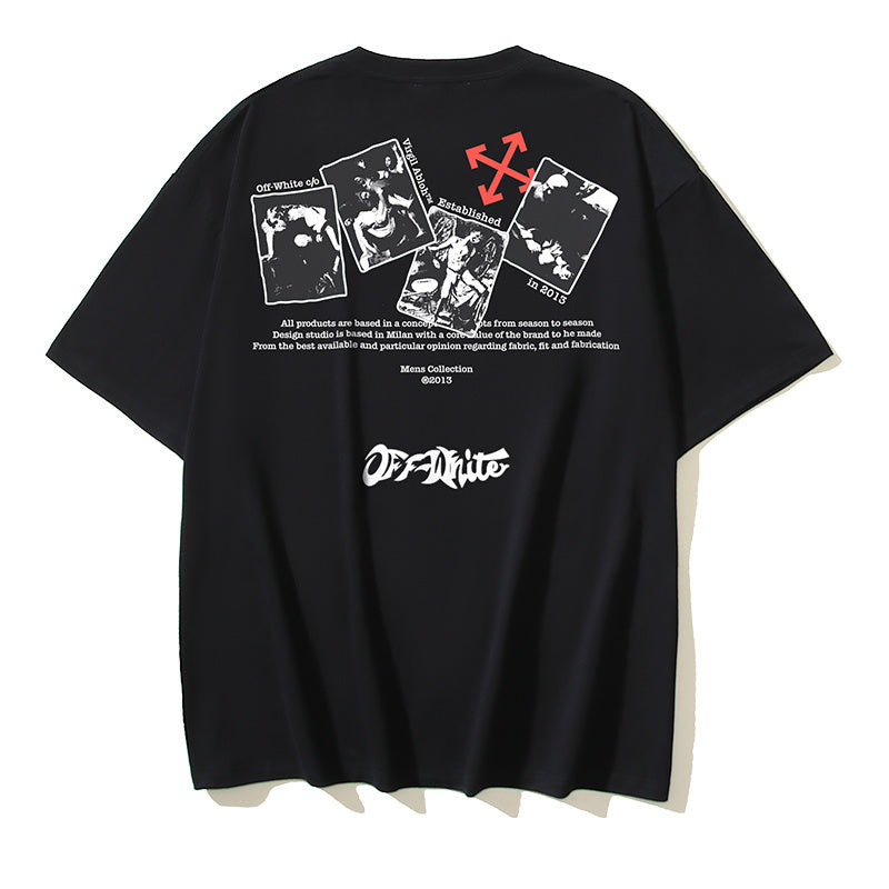 Black T-shirt with large back collage graphic and red symbol, crew neck