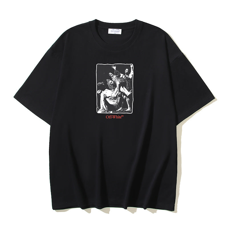 Black T-shirt with square front graphic print and crew neck