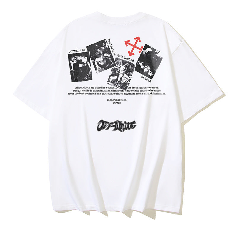 Off-white T-shirt with back text and collage graphic, crew neck