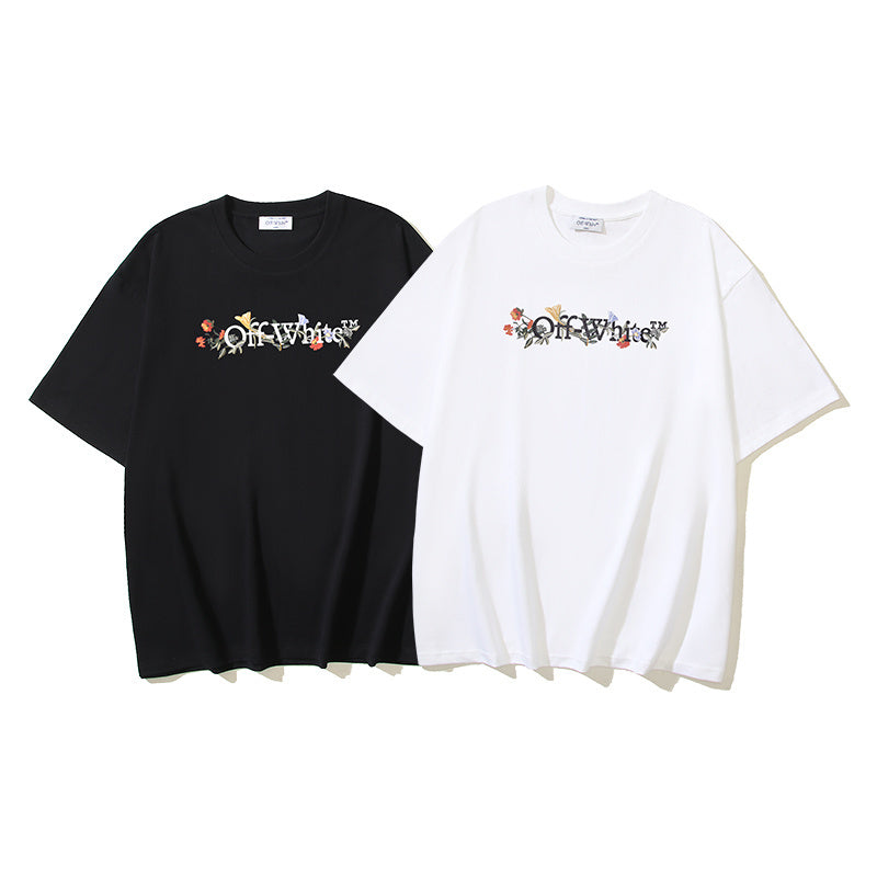 Off-White T-shirt set, black and white crew-neck tees with floral logo graphic