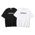 Off-White T-shirt set, black and white crew-neck tees with floral logo graphic