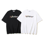 Off-White T-shirt set, black and white crew-neck tees with floral logo graphic