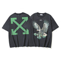 Black Off-White graphic T-shirt with green X arrow logo