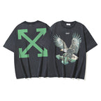 Black Off-White graphic T-shirt with green X arrow logo