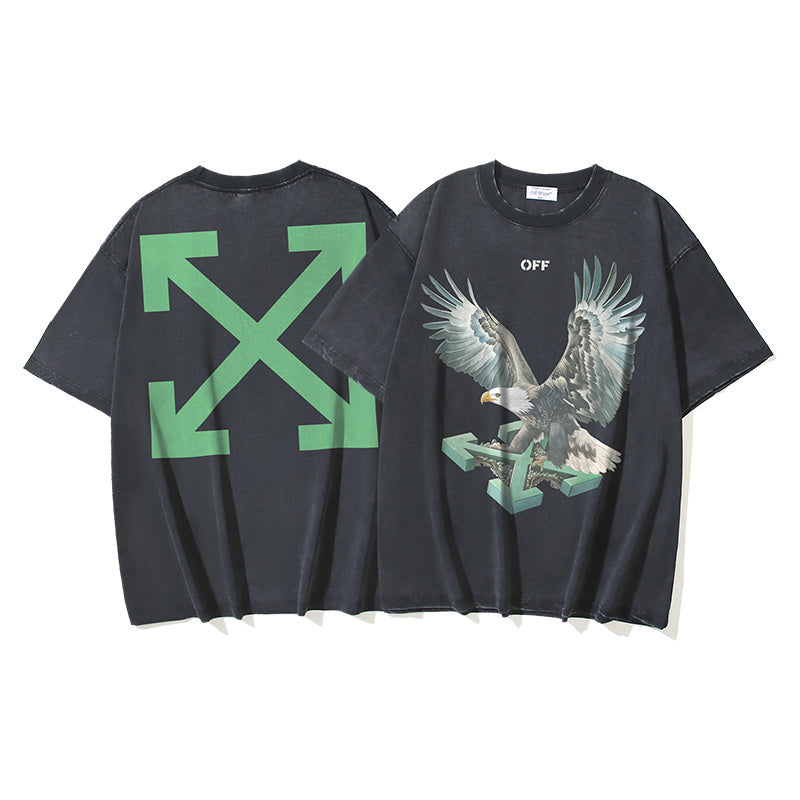 Black Off-White graphic T-shirt with green X arrow logo
