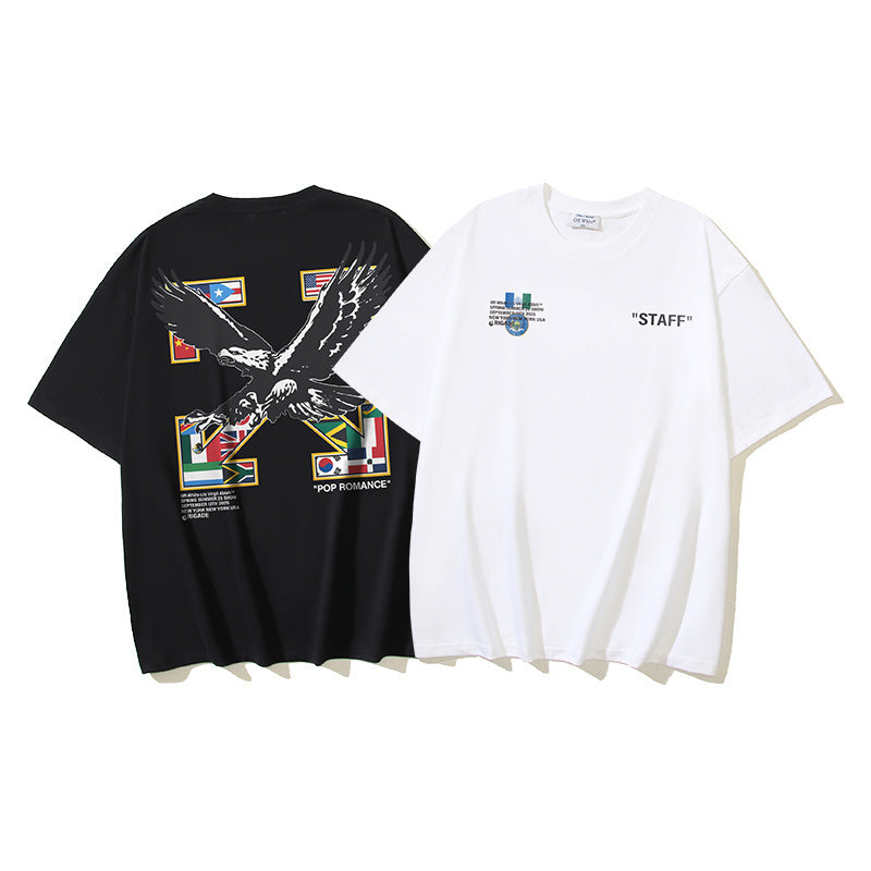 Off-White crewneck T-shirts, black and white, with colorful graphic prints on chest