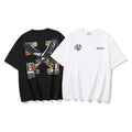 Off-White crewneck T-shirts, black and white, with colorful graphic prints on chest