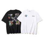Off-White crewneck T-shirts, black and white, with colorful graphic prints on chest