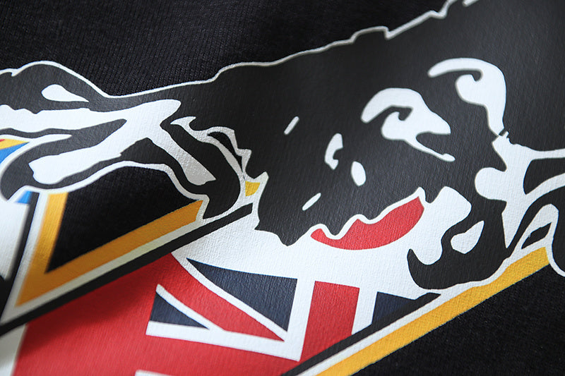 Off-White black T-shirt with large eagle illustration and colorful flag-like graphics
