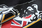 Off-White black T-shirt with large eagle illustration and colorful flag-like graphics