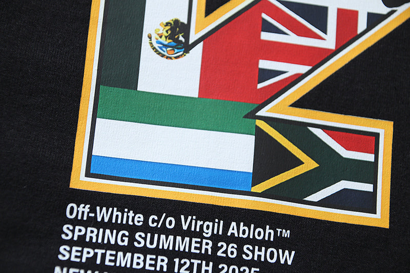 Off-White black T-shirt with graphic frame, flags, and event text print
