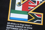 Off-White black T-shirt with graphic frame, flags, and event text print
