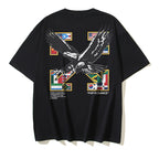 Black T-shirt with large eagle graphic and multicolor emblem squares