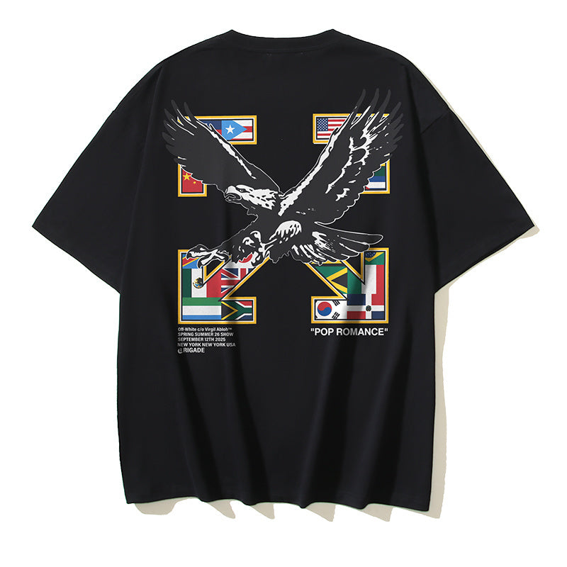 Black T-shirt with large eagle graphic and multicolor emblem squares