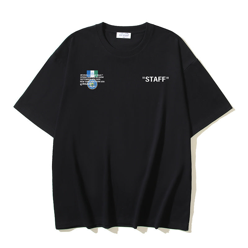 Black T-shirt with small left chest print and 'STAFF' text
