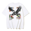 Off-white T-shirt with eagle graphic and multicolor emblem squares