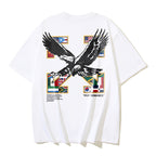 Off-white T-shirt with eagle graphic and multicolor emblem squares