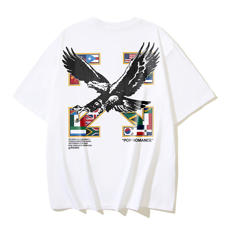 Off-white T-shirt with eagle graphic and multicolor emblem squares